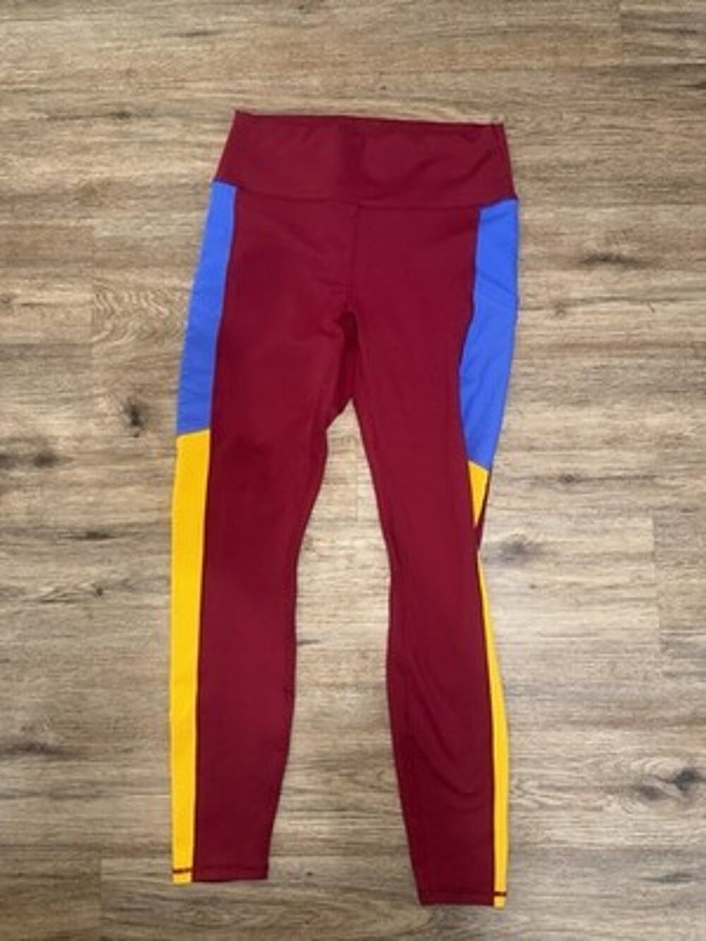 Fabletics PowerHold High Waisted Colorblock Leggings Medium Maroon Blue Yellow